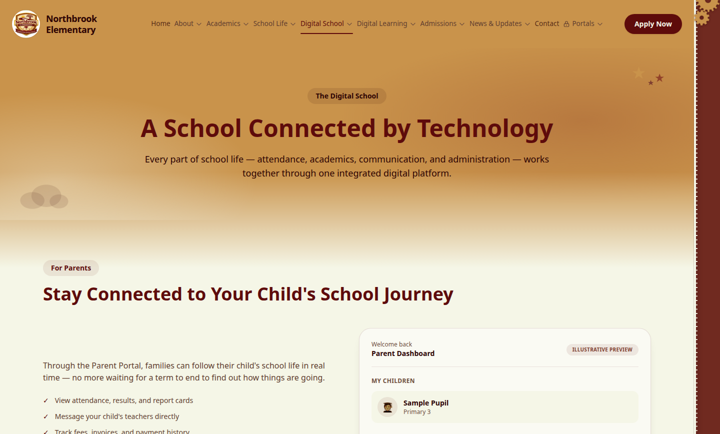 Northbrook Digital School page showing the Parent Portal preview