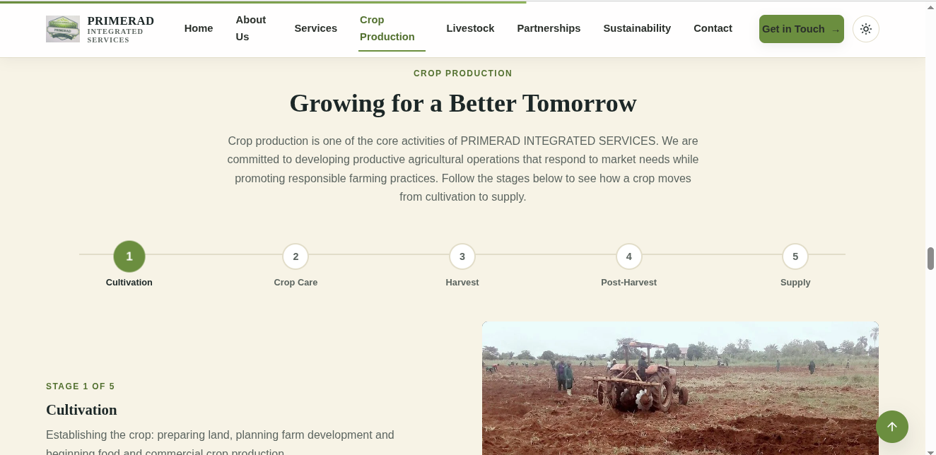 Primerad Integrated Services Crop Production page — five-stage process from cultivation to supply