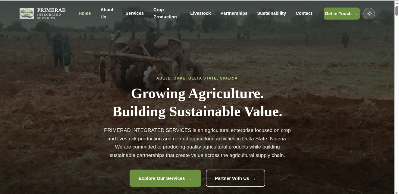 Primerad Integrated Services homepage — Growing Agriculture. Building Sustainable Value.