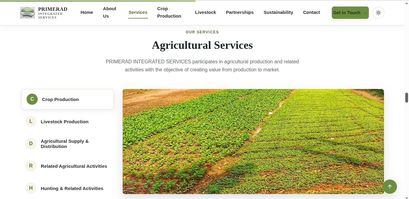 Primerad Integrated Services agricultural services page