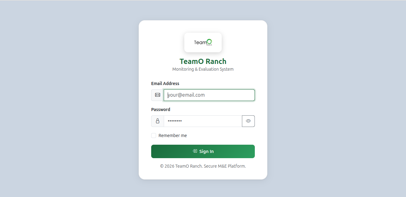 TeamO Ranch Monitoring & Evaluation System login screen