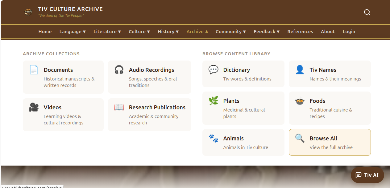 Tiv Heritage Archive Collections — Documents, Audio Recordings, Videos, Dictionary, Names, Plants, Foods, and Animals