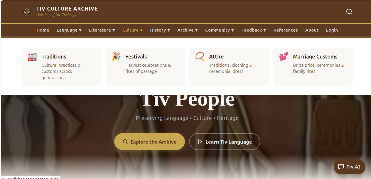Tiv Heritage Archive Culture section — Traditions, Festivals, Attire, and Marriage Customs