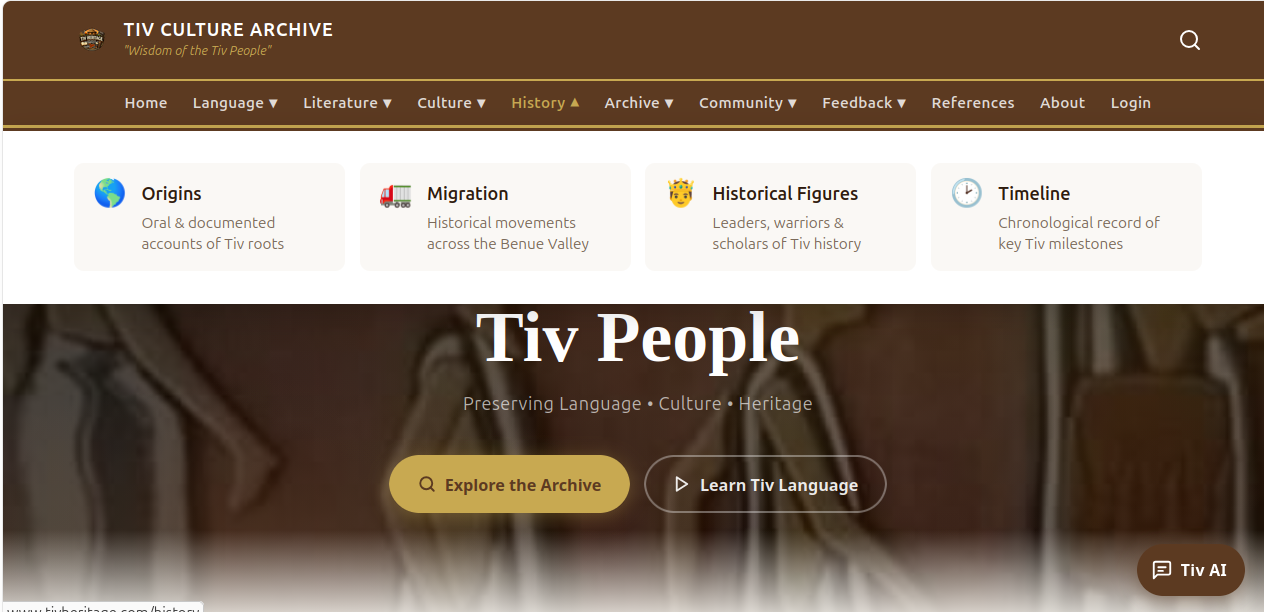Tiv Heritage Archive History section — Origins, Migration, Historical Figures, and Timeline