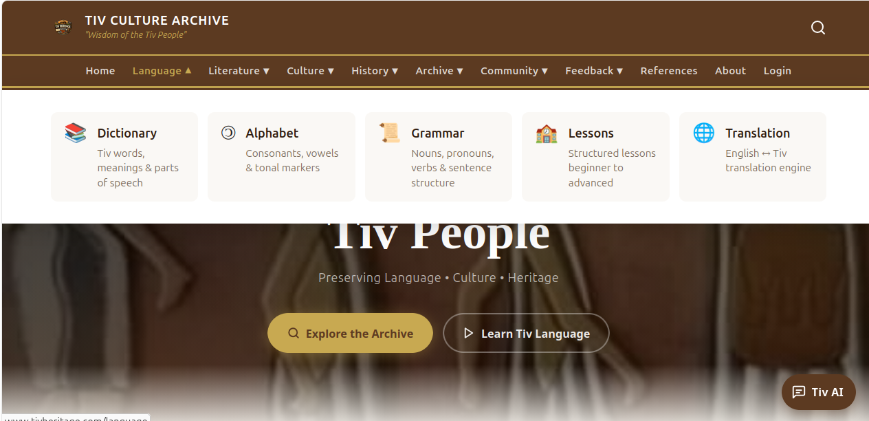 Tiv Heritage Archive Language section — Dictionary, Alphabet, Grammar, Lessons, and Translation