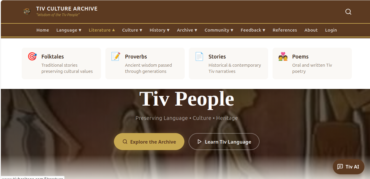 Tiv Heritage Archive Literature section — Folktales, Proverbs, Stories, and Poems