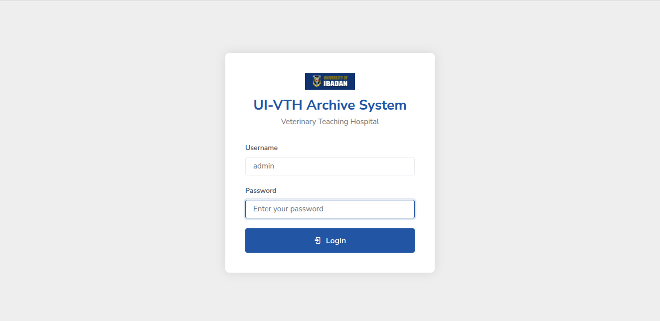 UI-VTH Archive System login screen