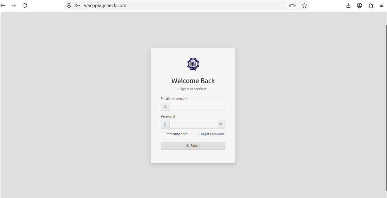 WACP Plagiarism & AI-Detection System login screen at wacpplagcheck.com